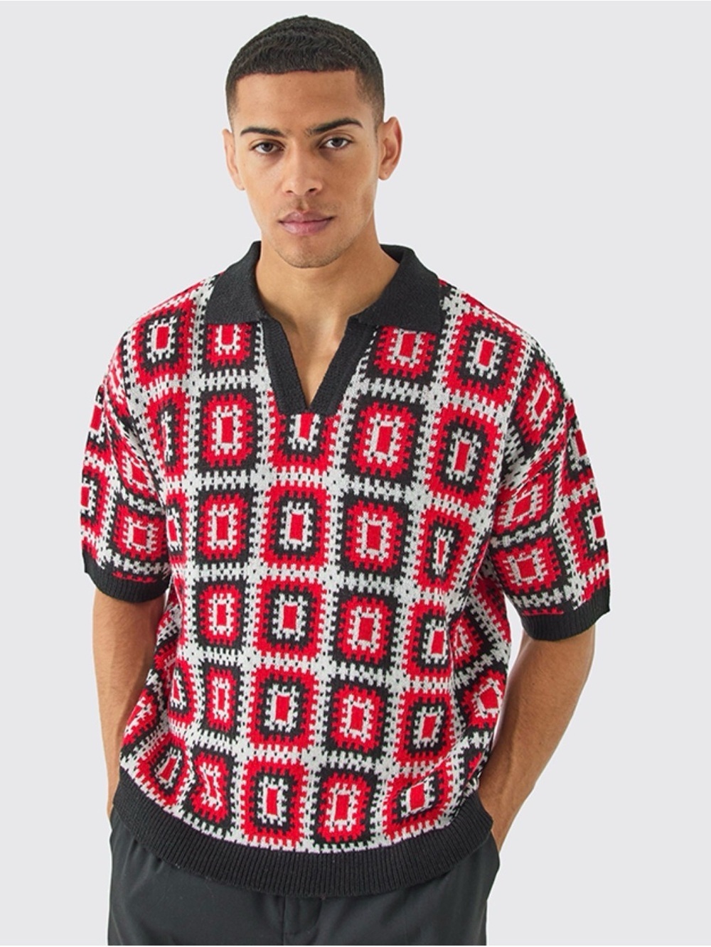 Short Sleeves Boxy Fit Revere Collar Crochet Polo T-Shirt